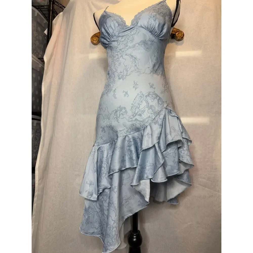 Urban Outfitters Kimchi Blue Asymmetric Ruffle Slip Dress Lace V Neck Blue S